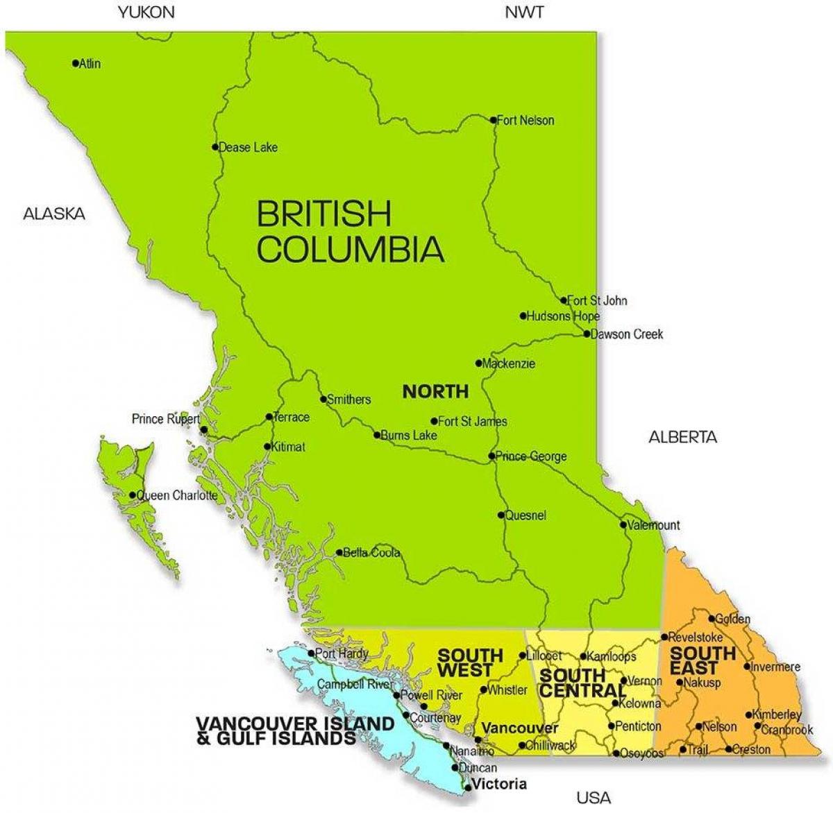 Mapa britská kolumbie regionů