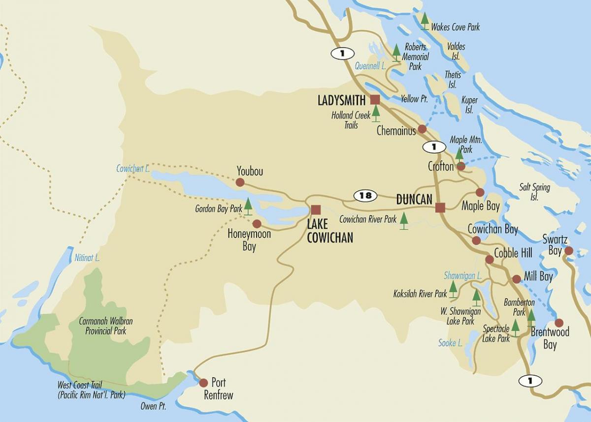 Mapa duncan, ostrov vancouver 