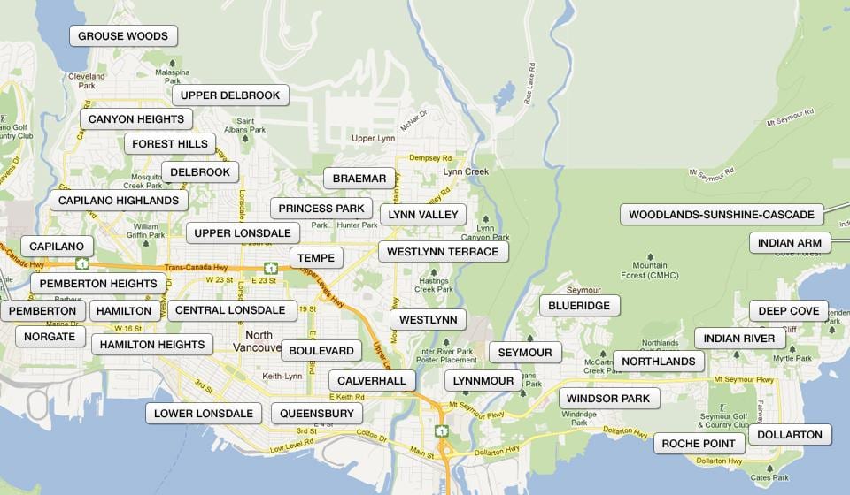 Mapa north vancouver čtvrtí