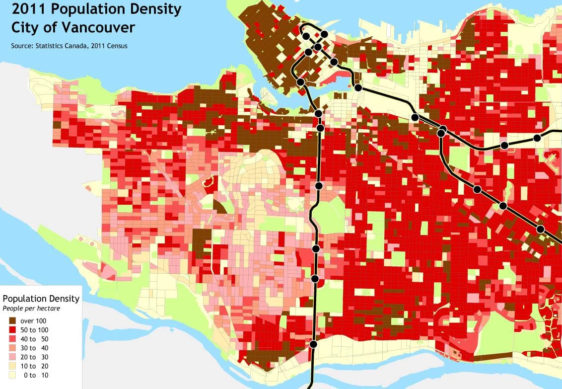 vancouver hustota obyvatelstva mapě