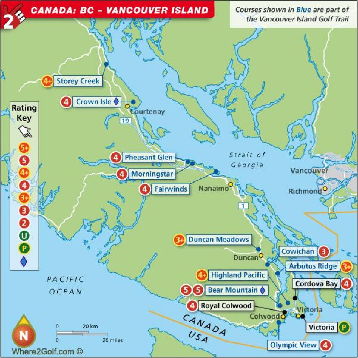 Mapa vancouver island golfových hřišť