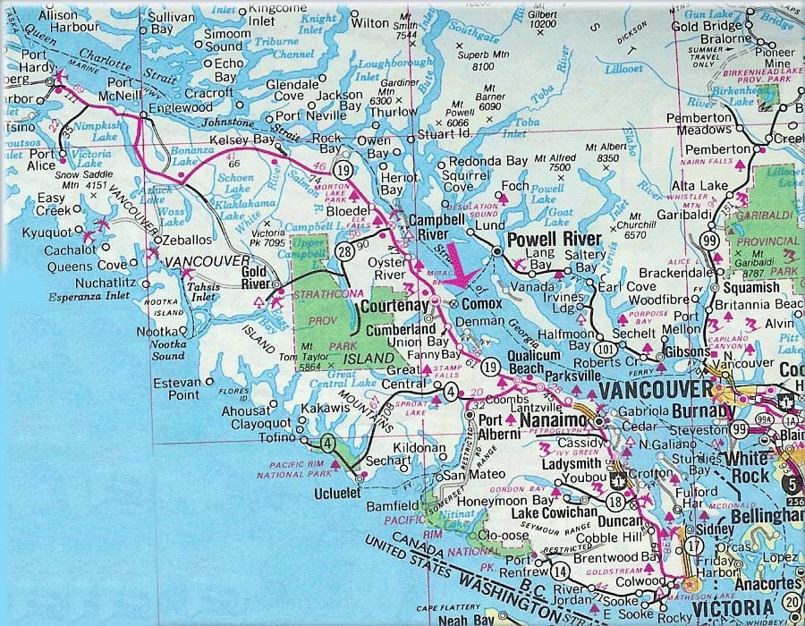 Mapa ostrova vancouver jezera
