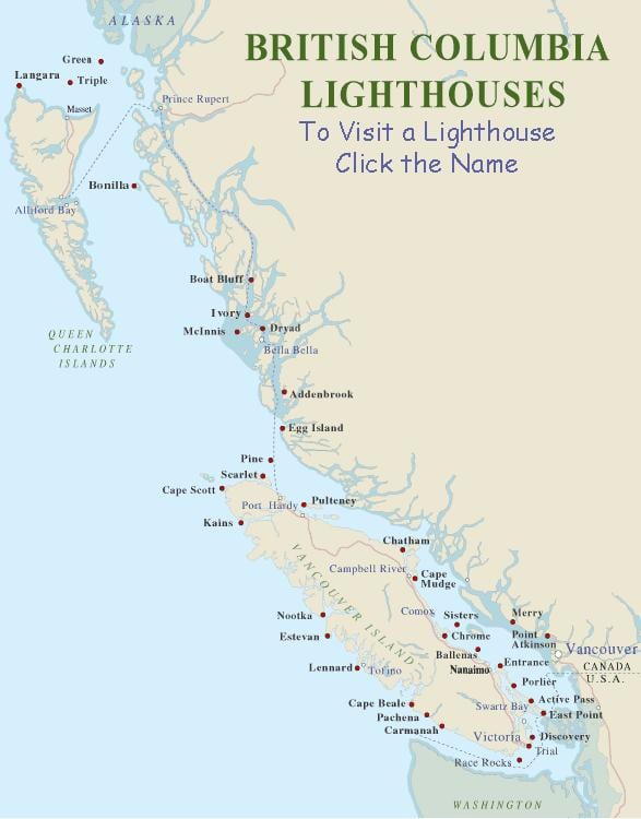 Mapa ostrova vancouver majáky