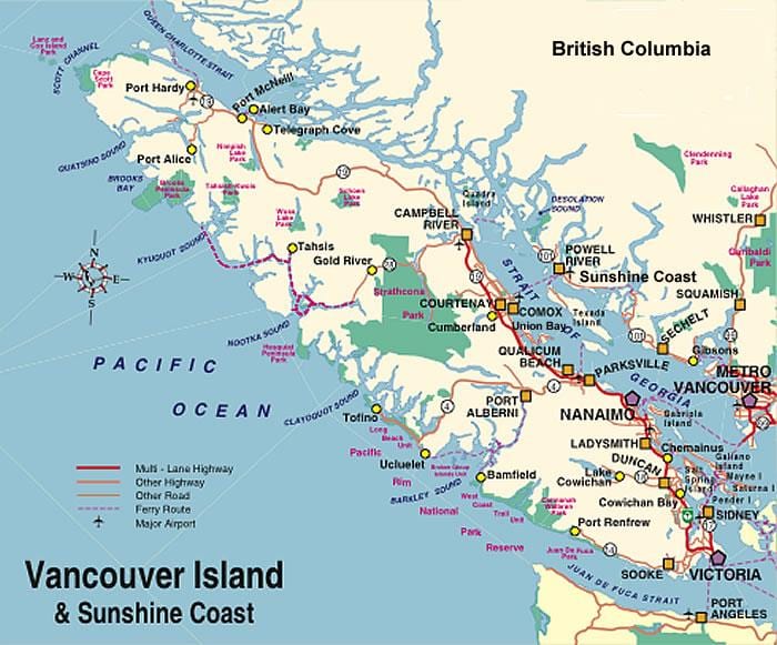 Mapa ostrova vancouver tábořiště 