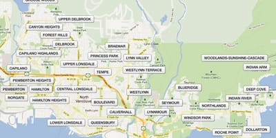 Mapa north vancouver čtvrtí