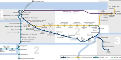 Vancouver letiště do centra skytrain mapě